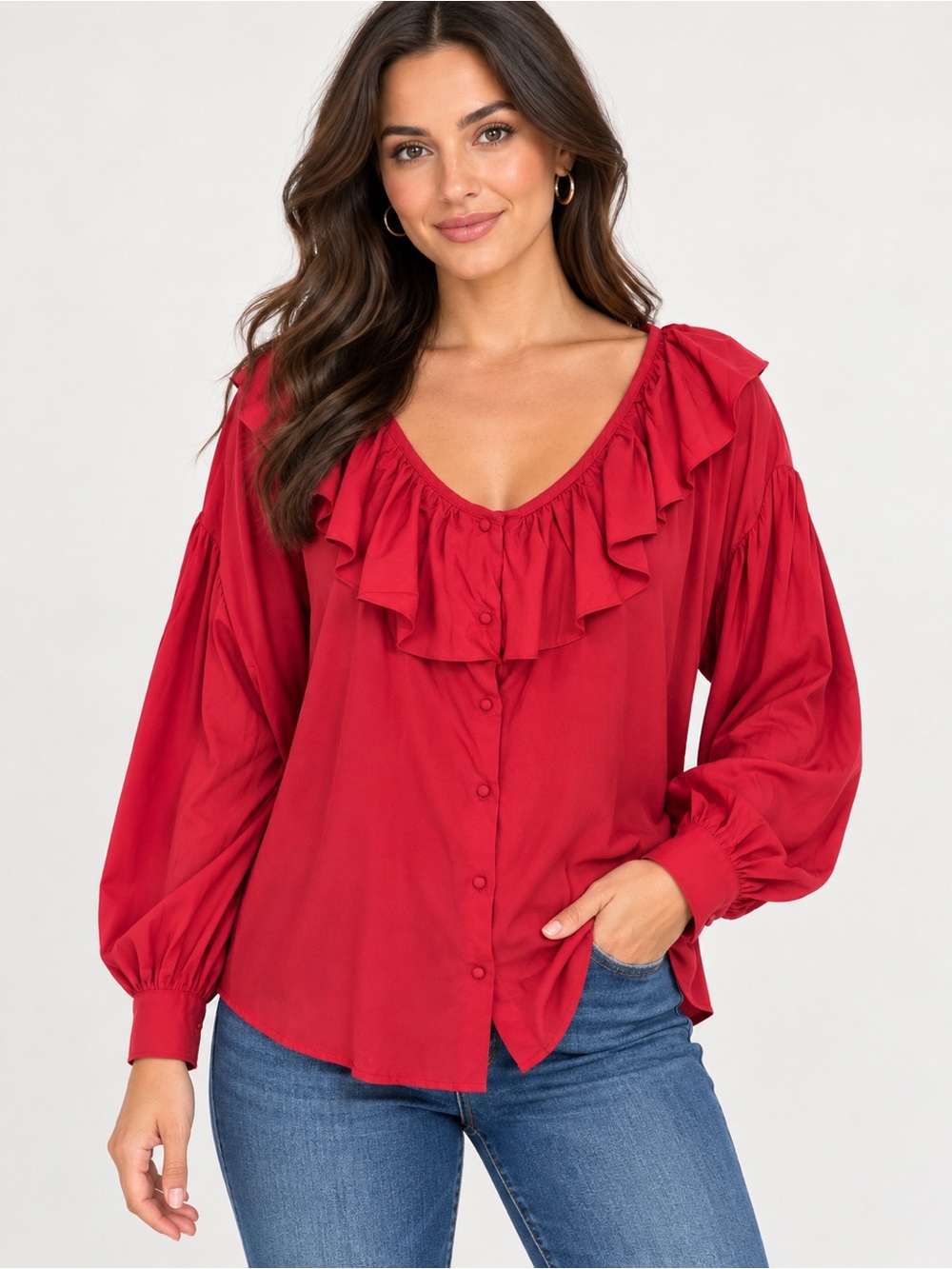 Womens Red Ruffle V-Neck Button-Front Blouse